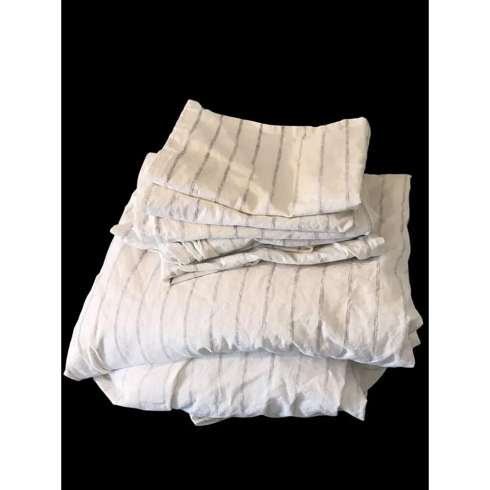 West Elm Organic Cotton Sheet Set KING Simple Stripe White Gray 7 Pc Bedding